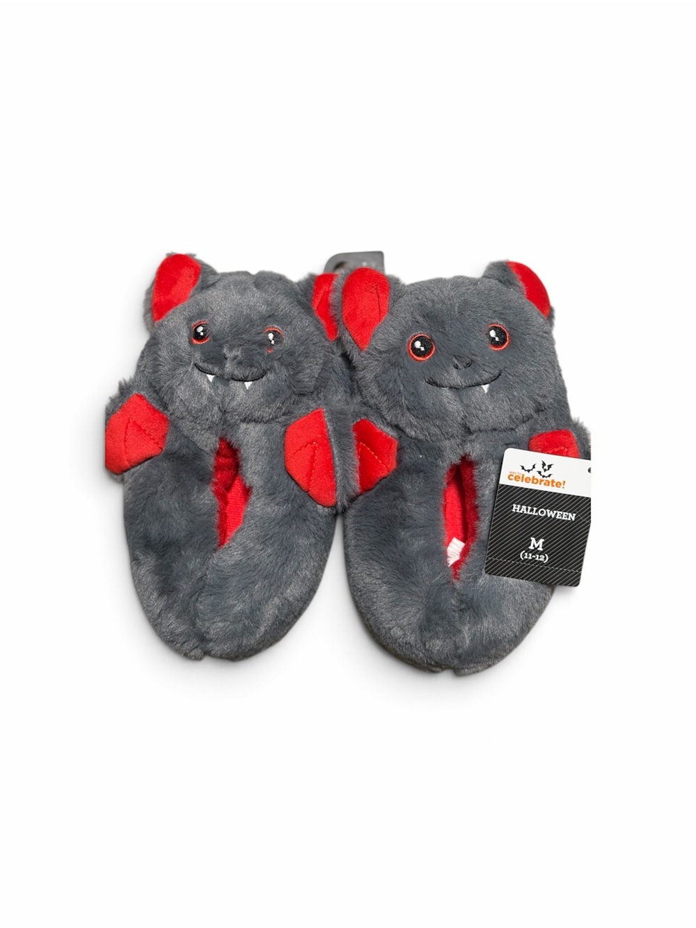 Kids Plush Gray & Red Bat Slippers - Celebrate It